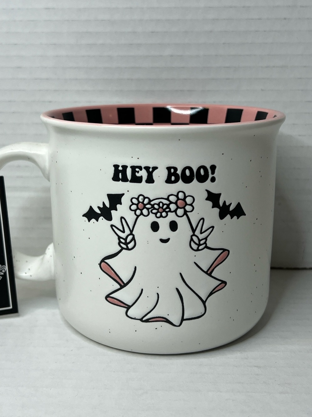 Cobwebs & Cauldrons Halloween Hey Boo Hippie Ghost Mug Checkered Mug New